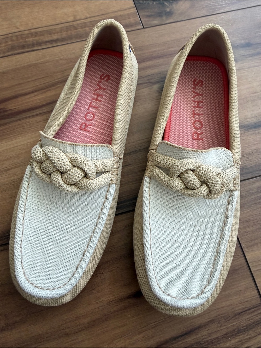 Rothy's Women’s Beige/ Cappuccino Braided Canvas Loafers with Coral Insole
